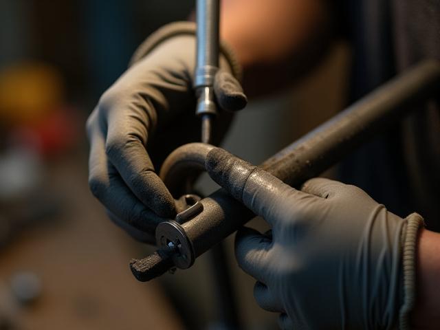 Close-up of hands meticulously filing a steel lug on a bicycle frame
