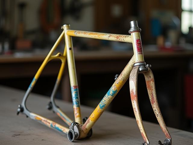 1970s Italian racing bike frame upon arrival, showing dents and faded paint