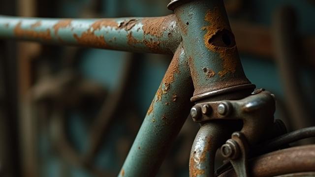 Before restoration: a rusty, worn vintage bicycle frame