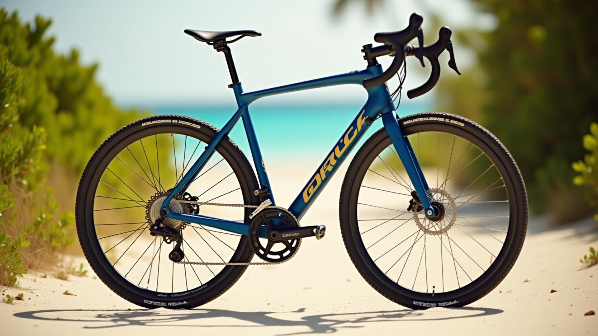 Stunning custom-built gravel bike with deep blue frame and accent graphics, parked on a sun-drenched Key West path