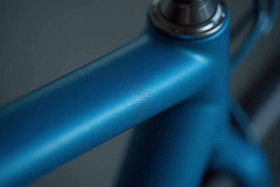 A meticulously painted bicycle stem, perfectly matching the deep blue of a custom frame, showcasing seamless integration.