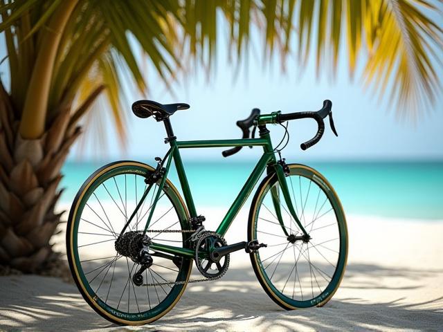Classic emerald green road bike frame with simple gold pinstriping, parked serenely under a palm tree.