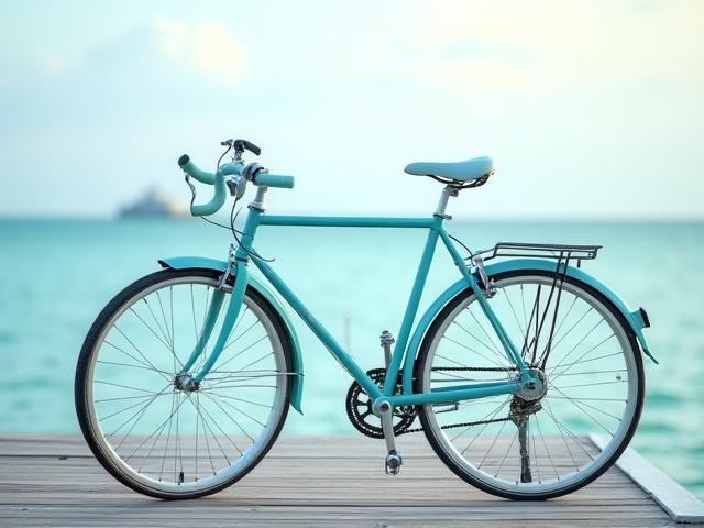 Soft pastel blue commuter bike with matching fenders, artfully staged near a Key West pier at dawn.