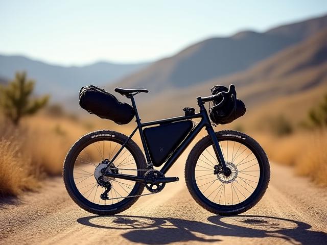 A custom Kehoe gravel bike fully loaded with bikepacking bags, ready for a multi-day adventure on a dirt road.