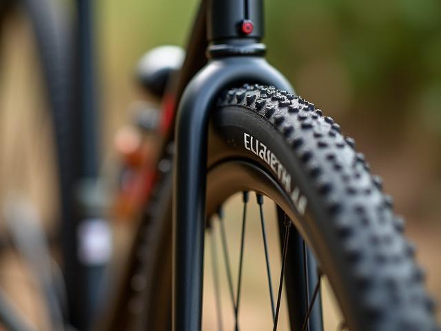 A close-up shot of a wide, knobby gravel tire with ample fender clearance on a custom bike frame.