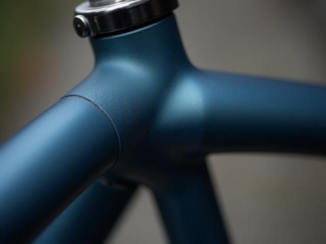 Macro shot of a smooth, seamless fillet brazed joint at the headtube of a steel bicycle frame, showcasing the elegant continuity of the material.