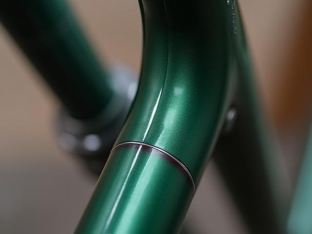 Close-up detail of a beautifully crafted and painted lug joint on a finished steel bicycle frame, showing intricate lines and a seamless transition.