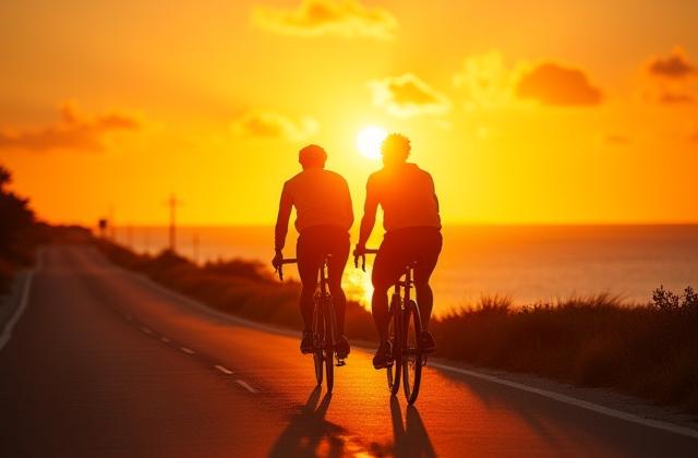 Cyclist riding a custom bike on a scenic coastal road at sunset