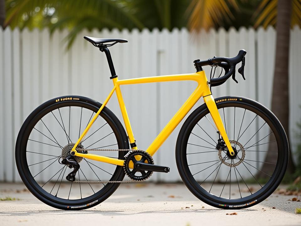 A stunning custom bicycle with frame, stem, and fork painted in a perfectly matching, seamless color scheme, shown against a blurred Key West backdrop.