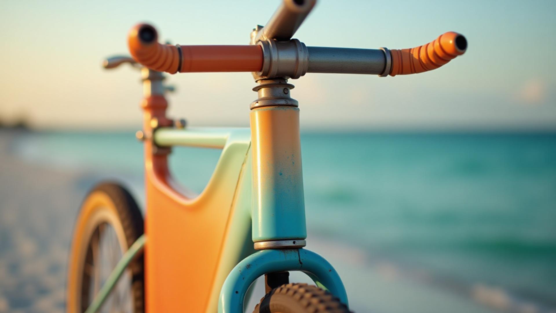 Sweeping gradient paint job on a custom bicycle down tube, with the Key West ocean blurred in the background.