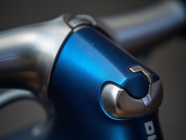 A close-up of a titanium bicycle headbadge with anodized blue accents, providing a vibrant pop of color against the raw metal.