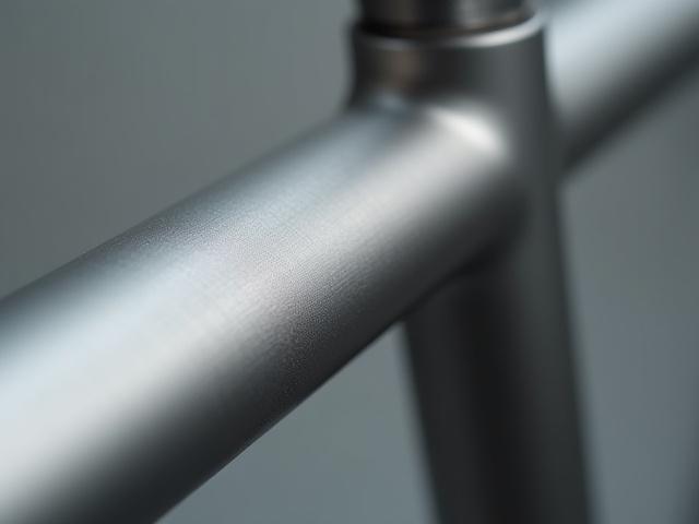 Close-up of a brushed titanium bicycle tube, showing its soft, lustrous texture and subtle machining marks, emphasizing its natural beauty.